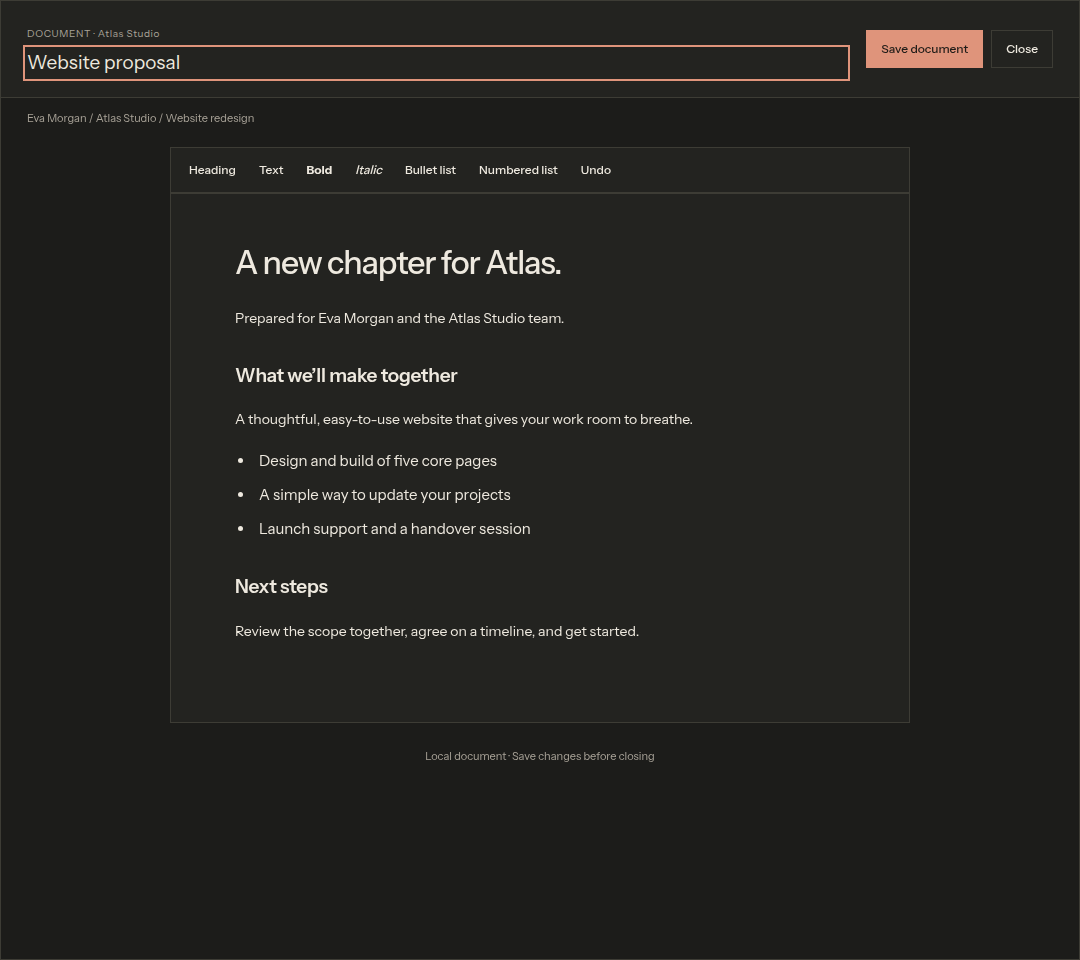 CRM document browser with folders and editor