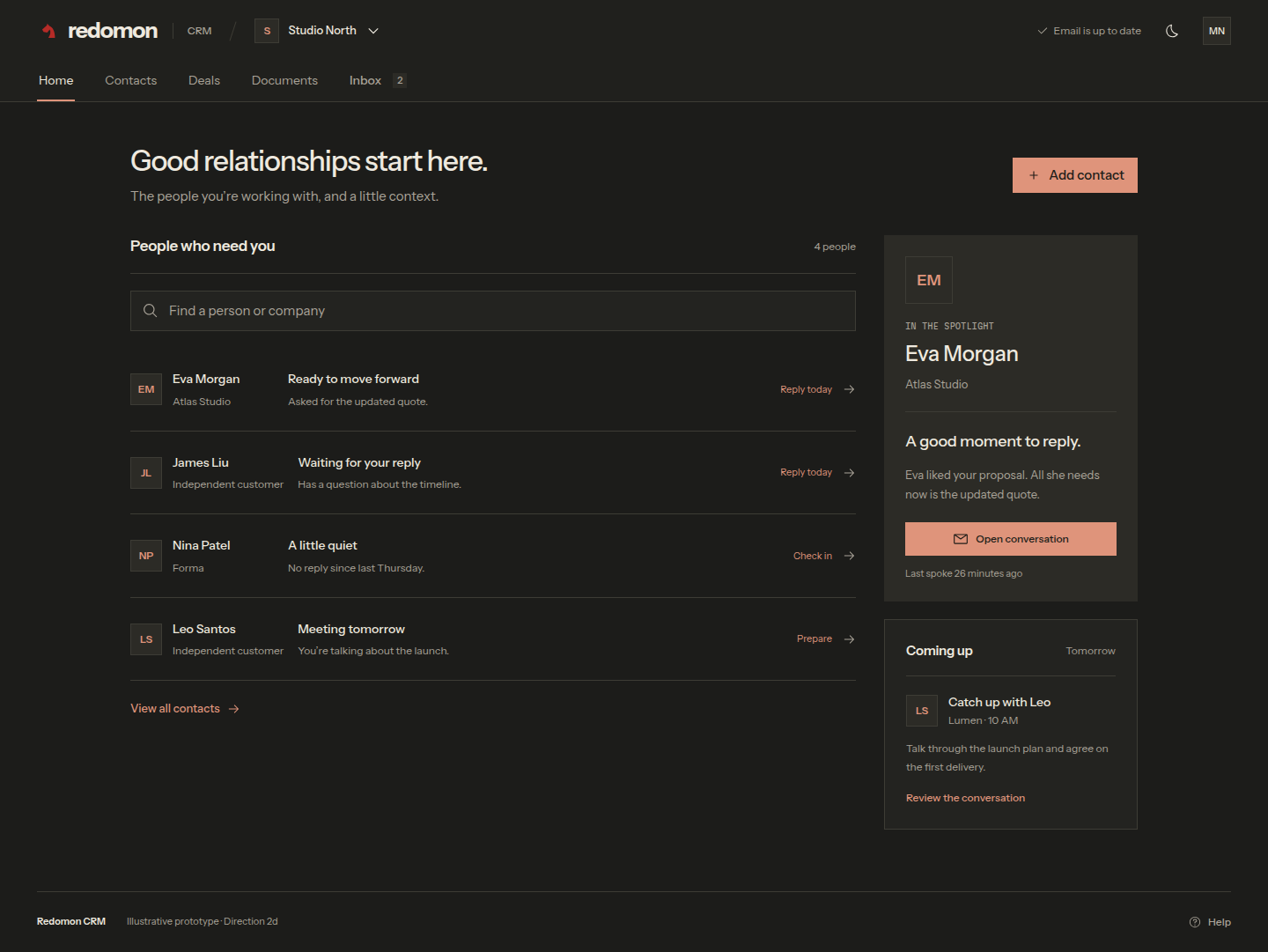 Redomon CRM home with people and organization contacts