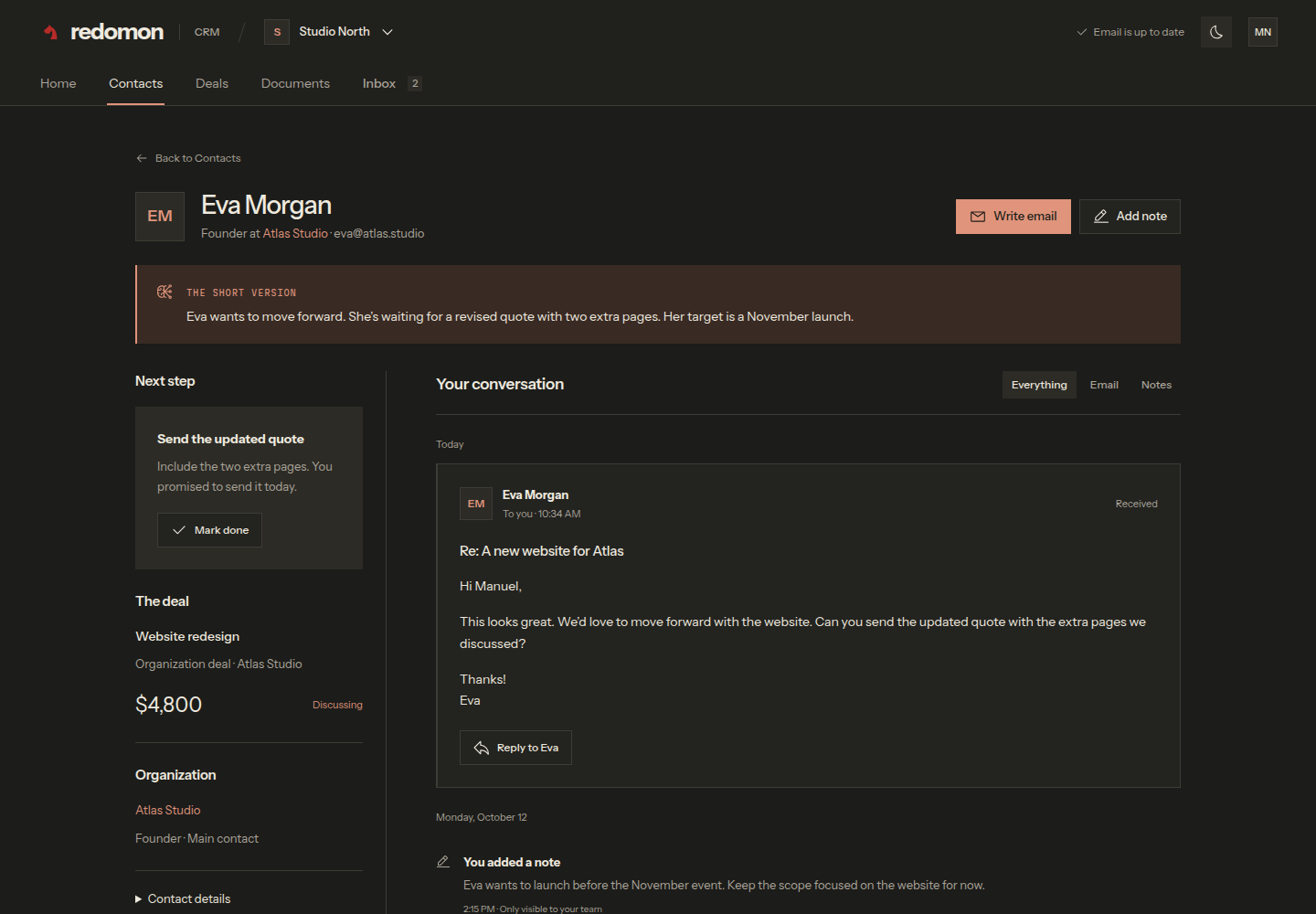 Eva Morgan's CRM record with conversations, AI assistance and related work.