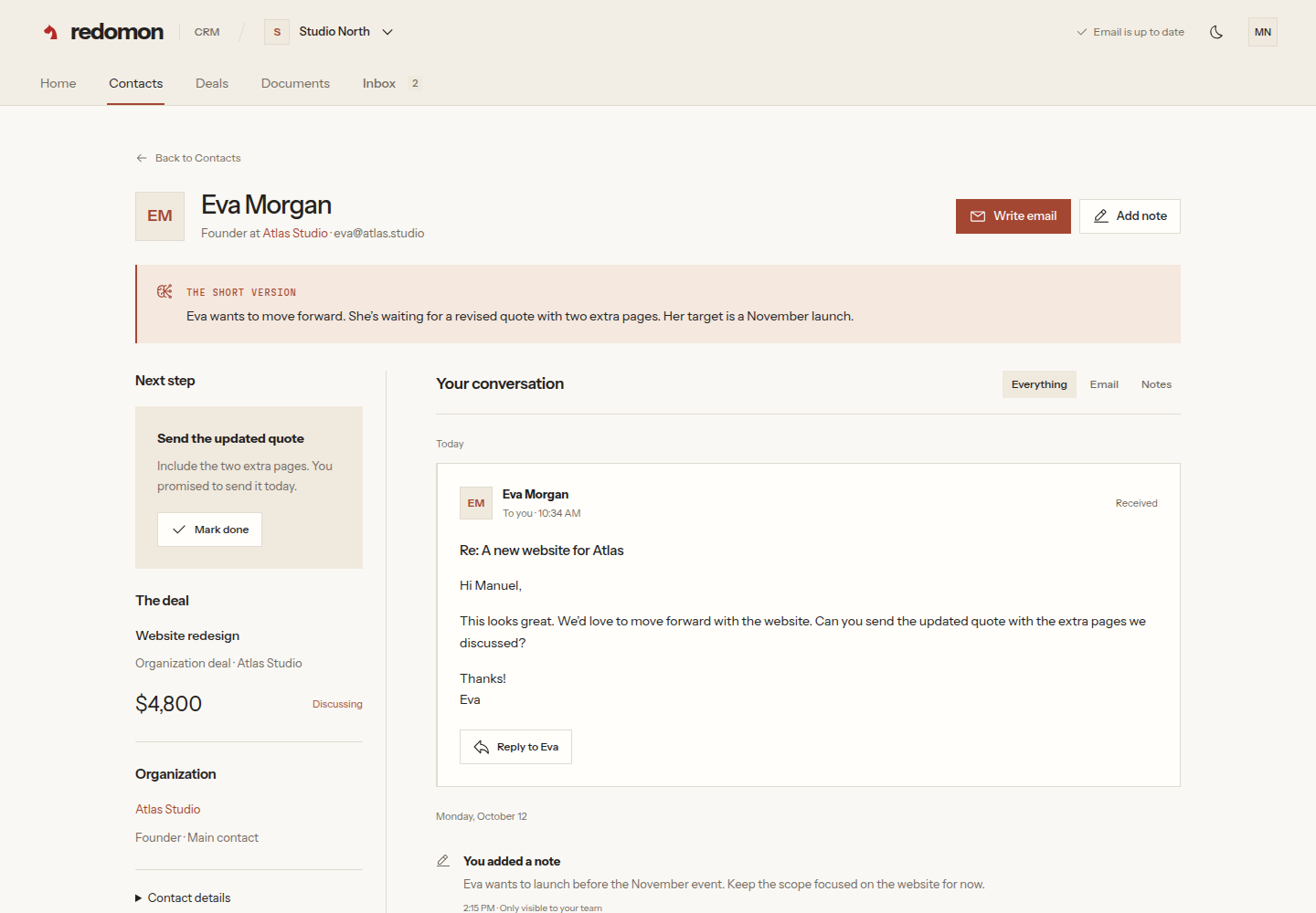 Eva Morgan's CRM record with conversations, AI assistance and related work.